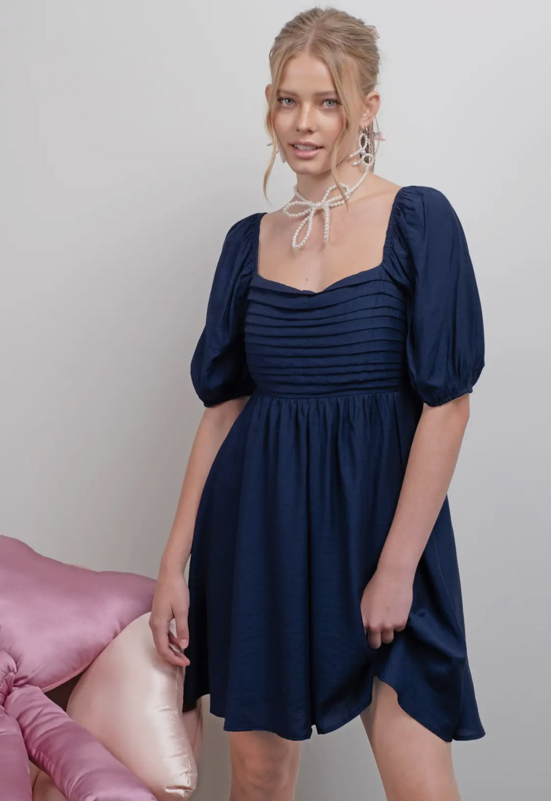 Pleated Detail Puff Sleeve Mini Dress