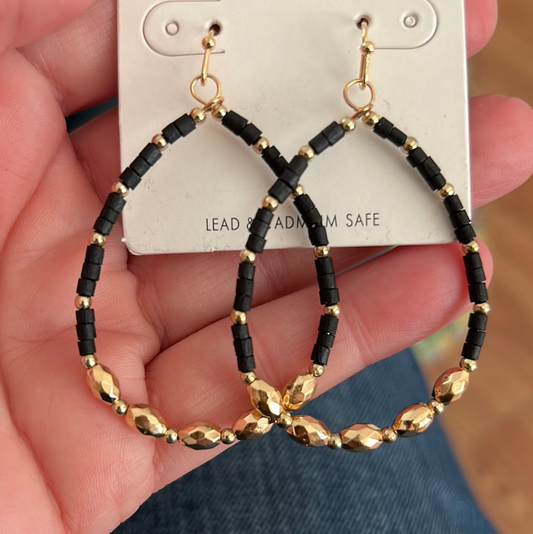 Black Beaded Gold Teardrop Earring.