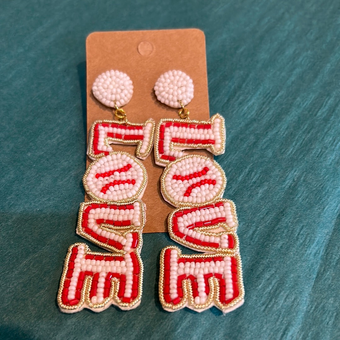 White beaded dangling stud earring featuring "LOVE" and a baseball.