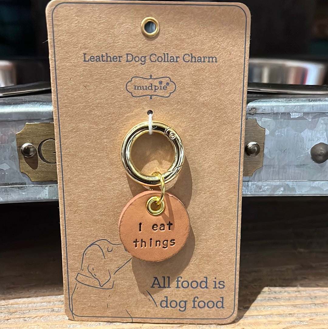 Tan leather round dog collar charm featuring "i eat things".