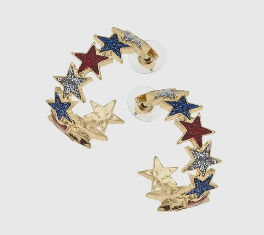 Canvas Star Spangled Glitter Hoop Earrings in Red, Silver, & Blue