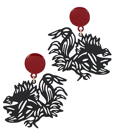 Black with garnet stud Gamecock Metal Cutout Earrings.