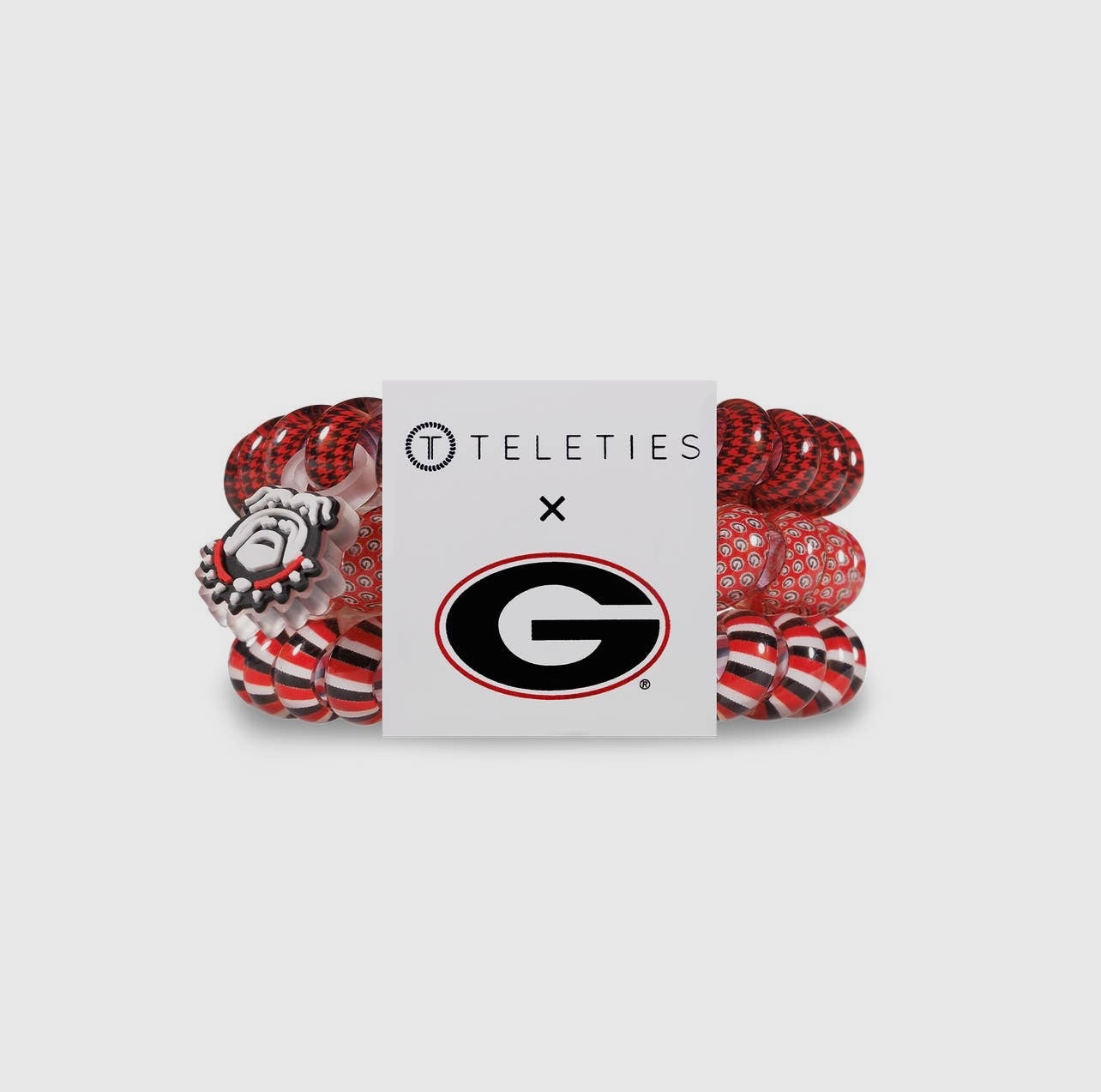 3-pack of University of Georgia Collegiate Teleties with red and black. Has a Bullbog dangle.