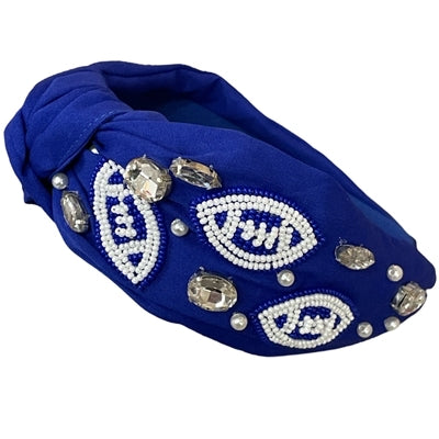 Blue beaded football topknot headband.