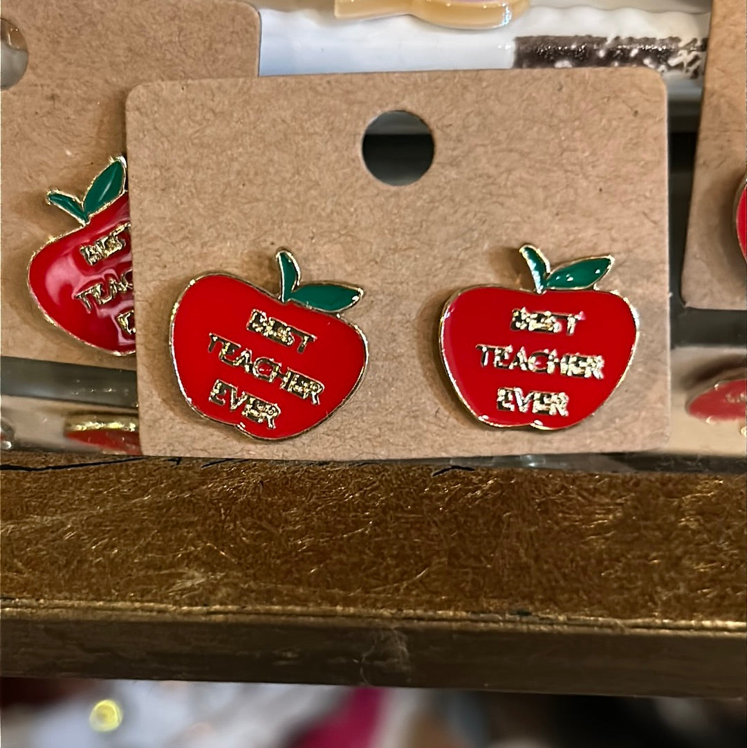 Red apple stud earrings featuring "Best Teacher Ever".