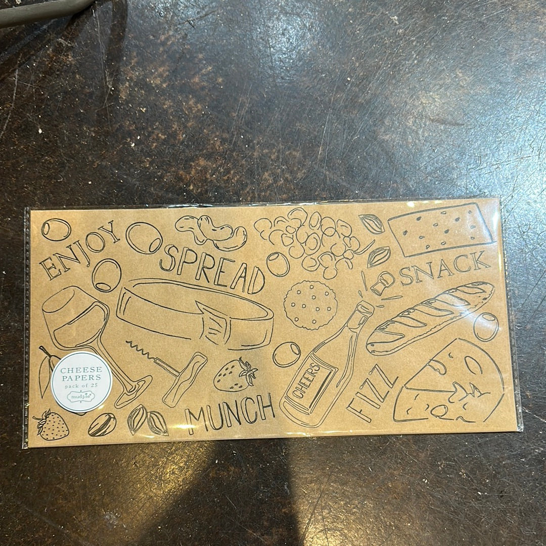 Tan, square cheese paper featuring designs of bread, wine, wine glasses, cheese, olives, crackers, and fruit.