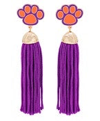 Purple tassel earrings with an orange tiger paw.