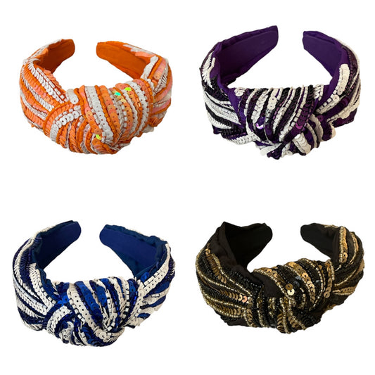 Assorted sequin striped top knot headbands.