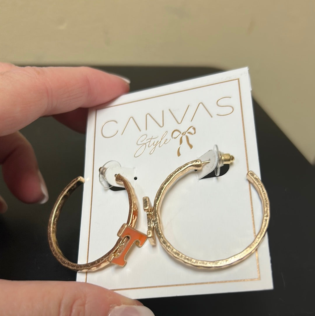 Gold College Enamel Hoop Earrings with University of Tennessee "T" logo.