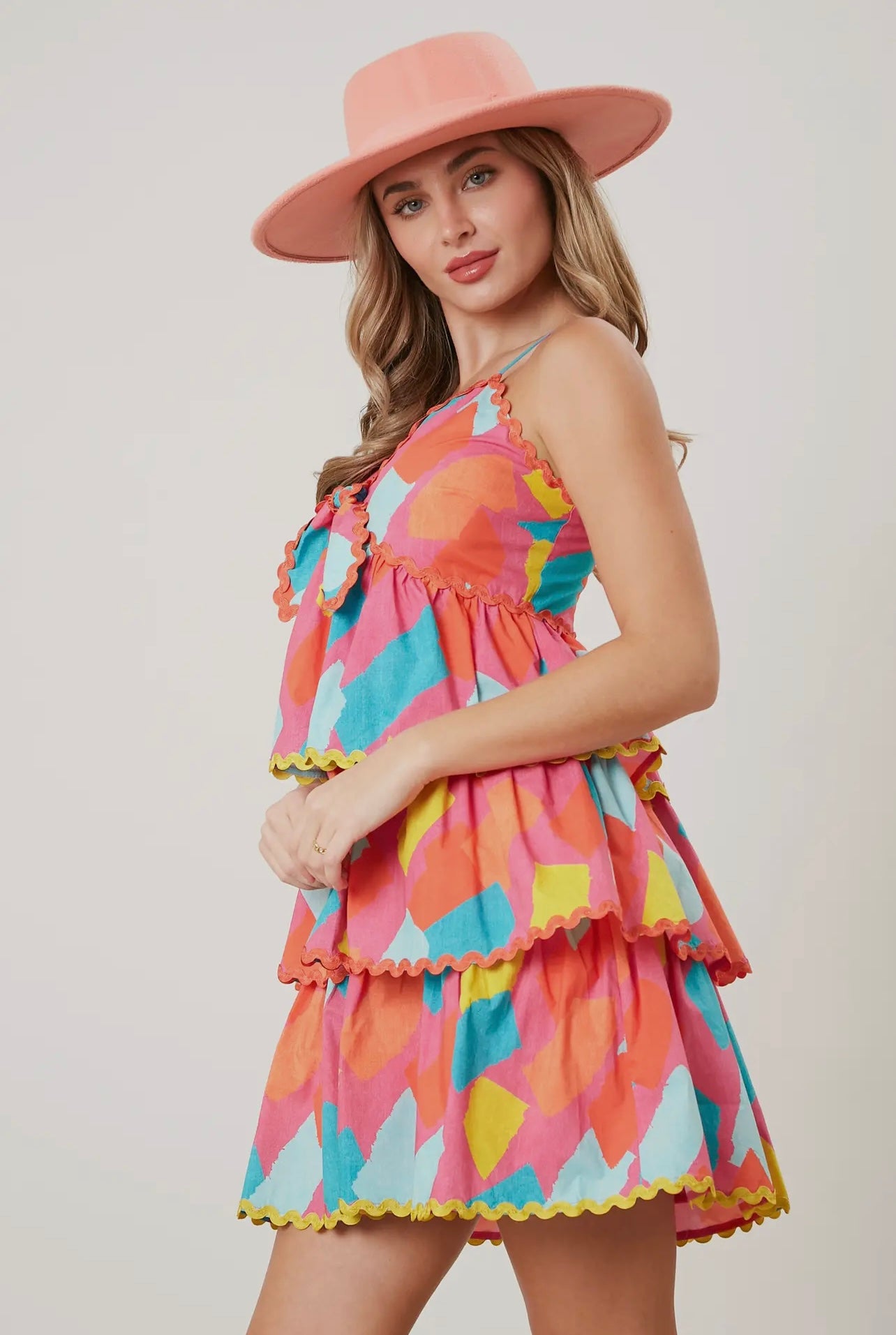 Geometric Print Poplin Tiered RicRac Trim Dress
