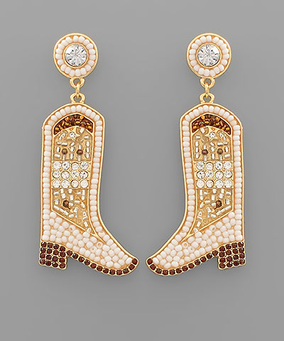 White beaded and rhinestone cowboy boots earrings.