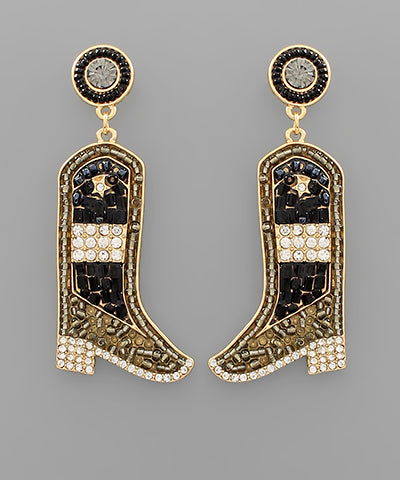 Black beaded and rhinestone cowboy boots earrings.