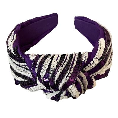 Purple and white sequin striped top knot headband.
