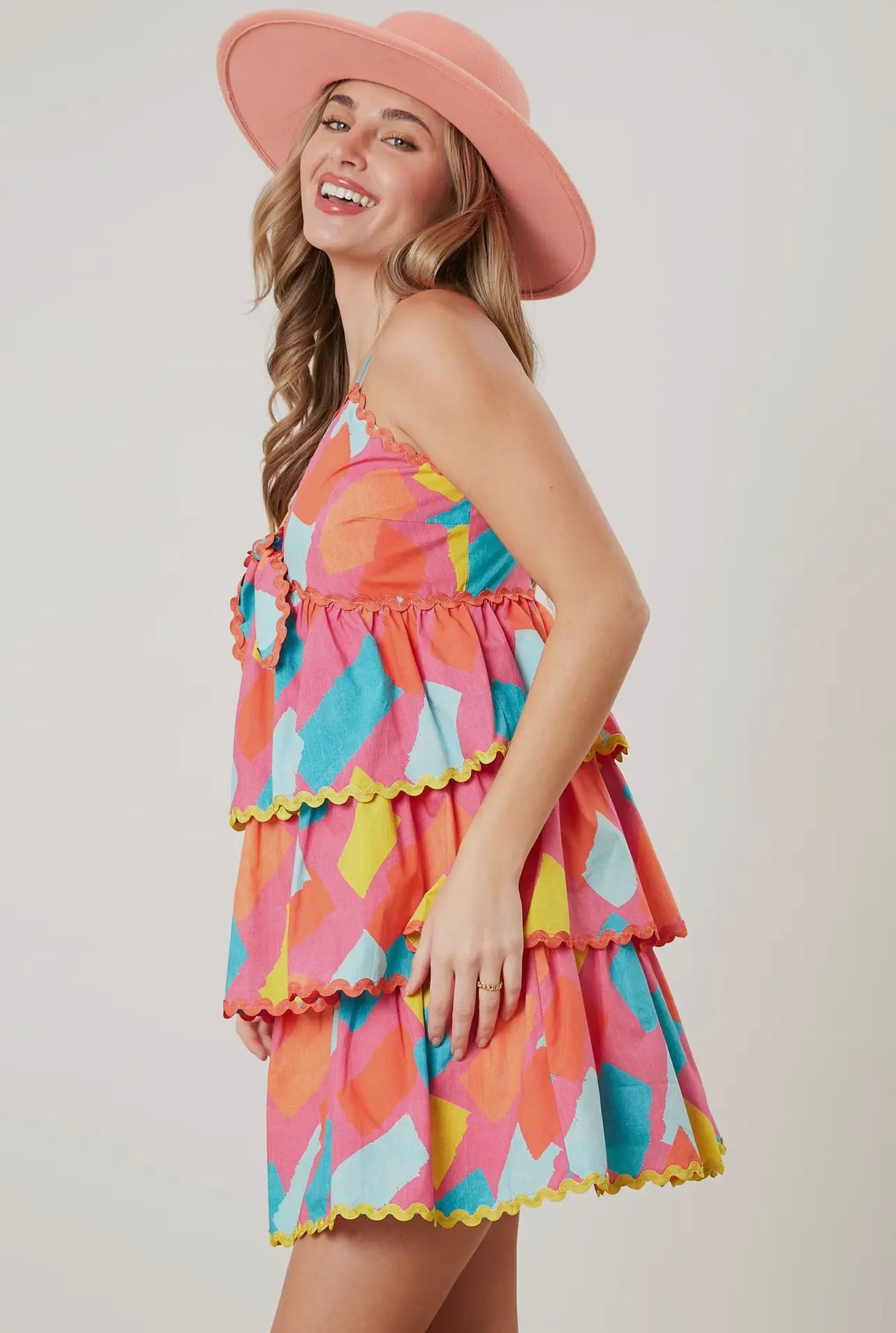 Geometric Print Poplin Tiered RicRac Trim Dress