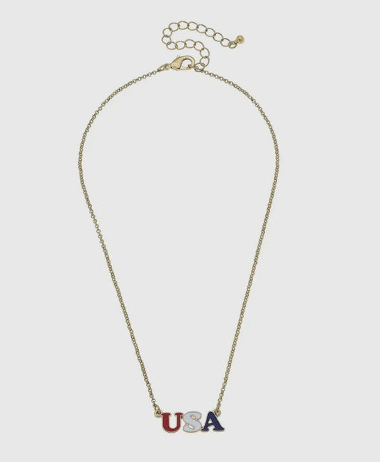 Canvas USA Enamel Necklace in Red, White, Blue, & Worn Gold