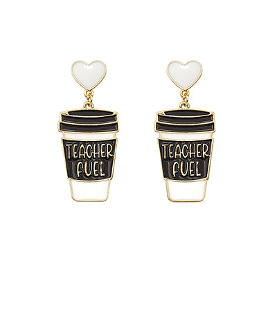 Black and gold "Teacher Fuel" coffee earrings.