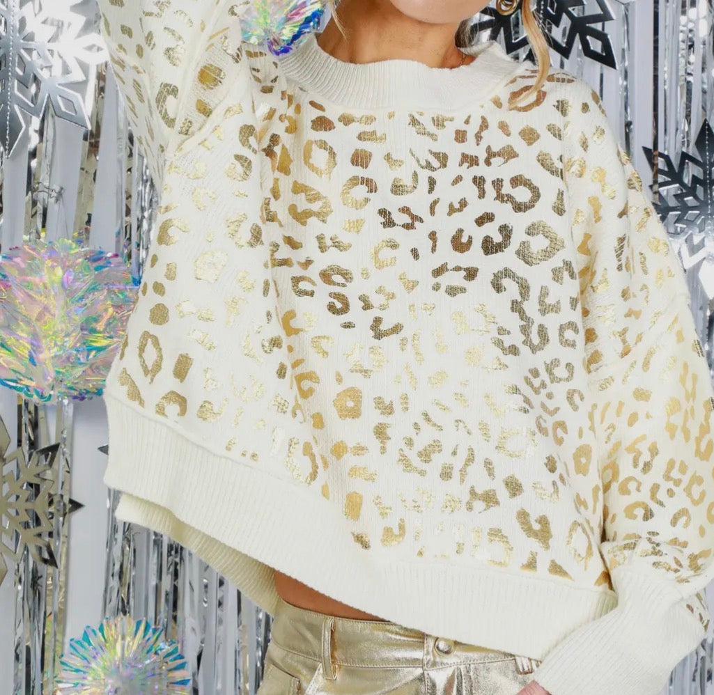 Leopard Foil Print Crew Neck Knitted Sweater Top VT82082