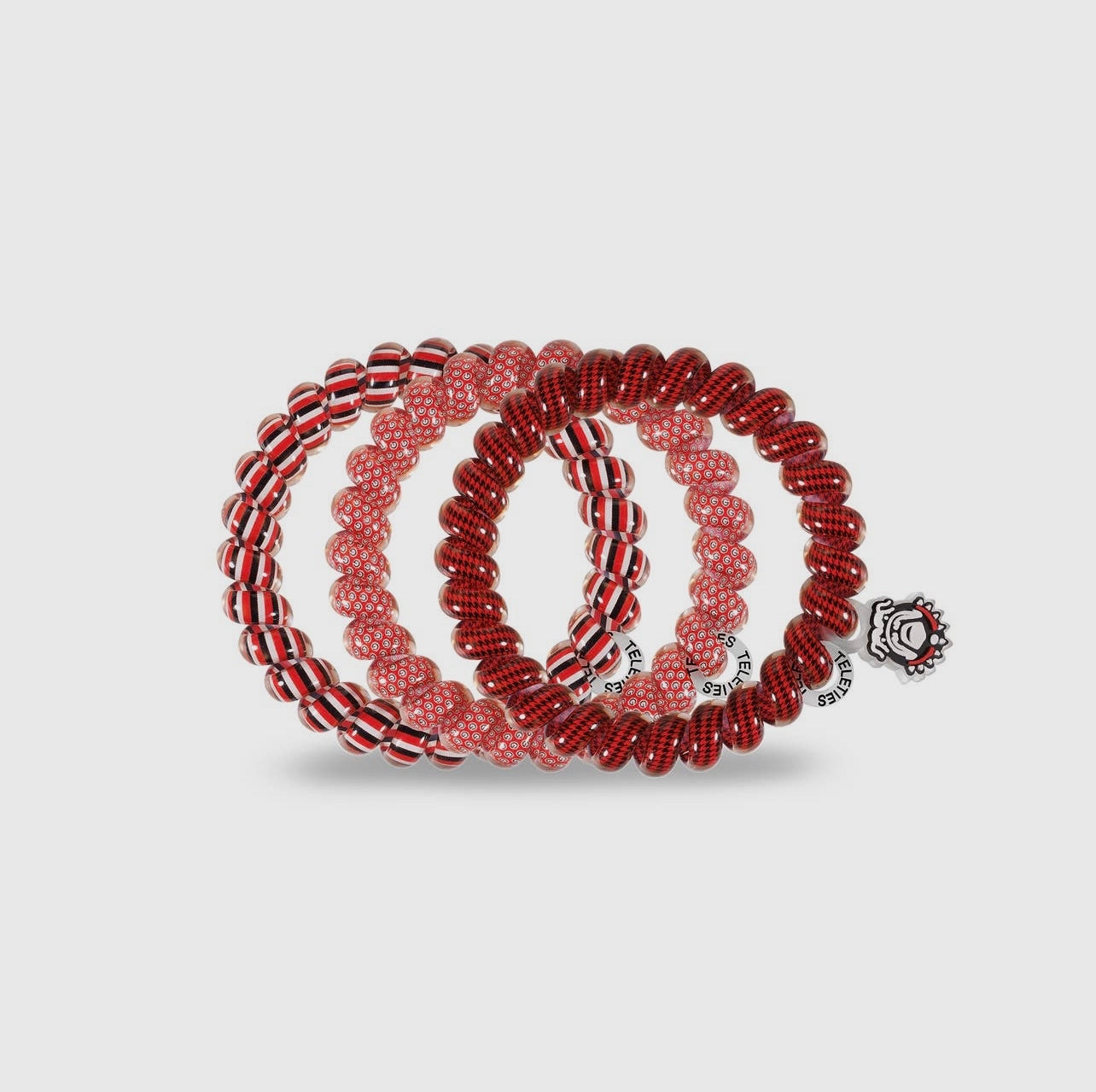 3-pack of University of Georgia Collegiate Teleties with red and black. Has a Bullbog dangle.