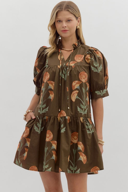 Brown Puff Sleeve Mini Dress