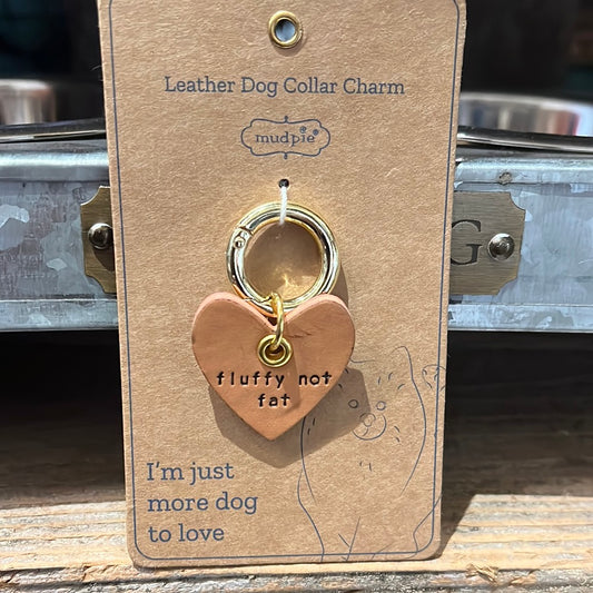 Tan leather heart dog collar charm featuring "fluffy not fat".