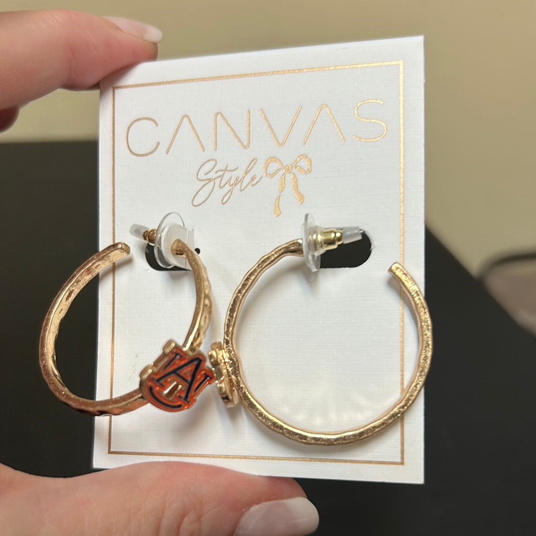 Gold College Enamel Hoop Earrings with University of Auburn "U.A." logo.