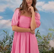 Pleated Detail Puff Sleeve Mini Dress