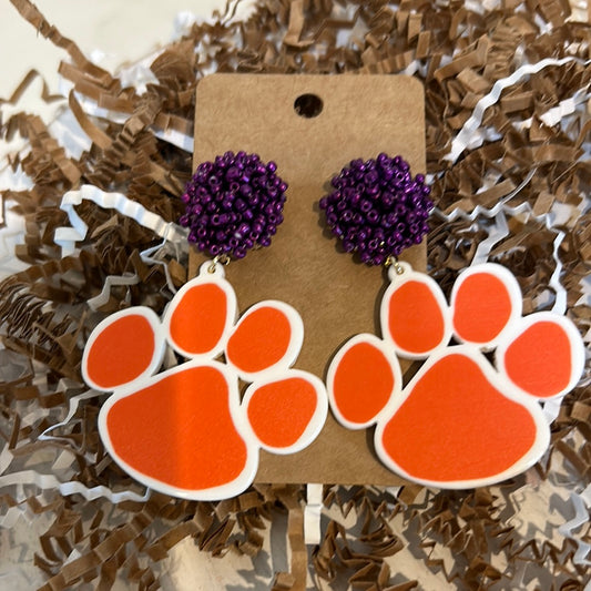 Purple beaded stud with acrylic Clemson paw dangle.