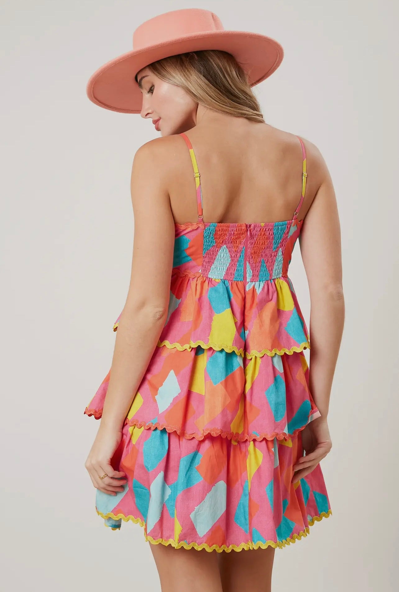 Geometric Print Poplin Tiered RicRac Trim Dress