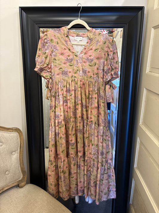 Tan Pink Flower Print Dress
