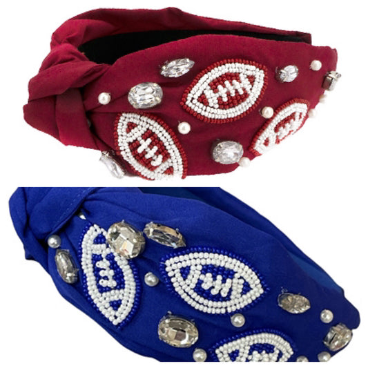Assorted beaded football topknot headbands.