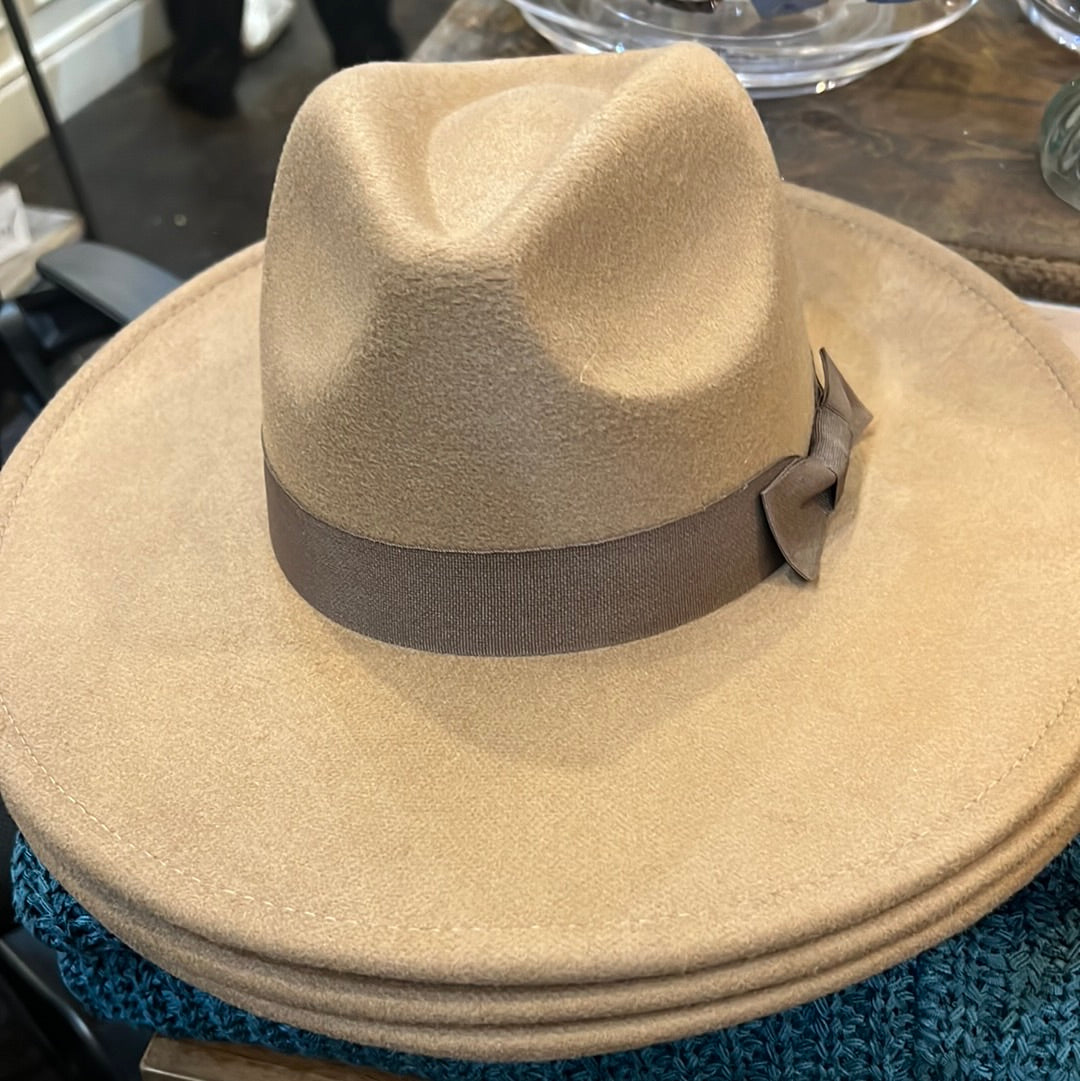 Taupe and ribbon bow wide brim fashion hat.