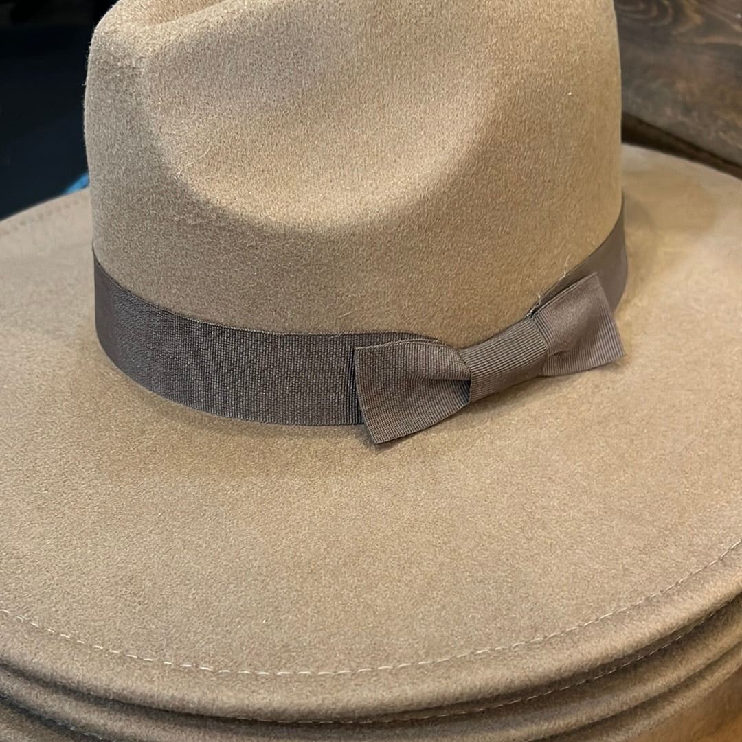 Taupe and ribbon bow wide brim fashion hat.