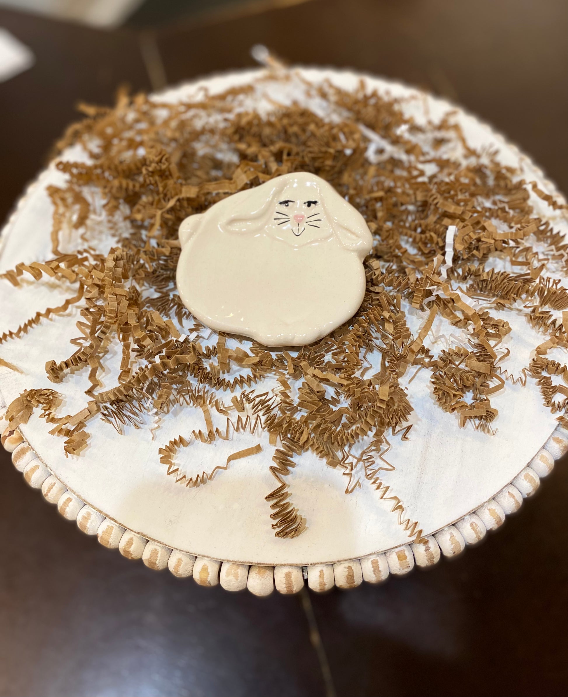 Small handmade white bunny ceramic dish.
