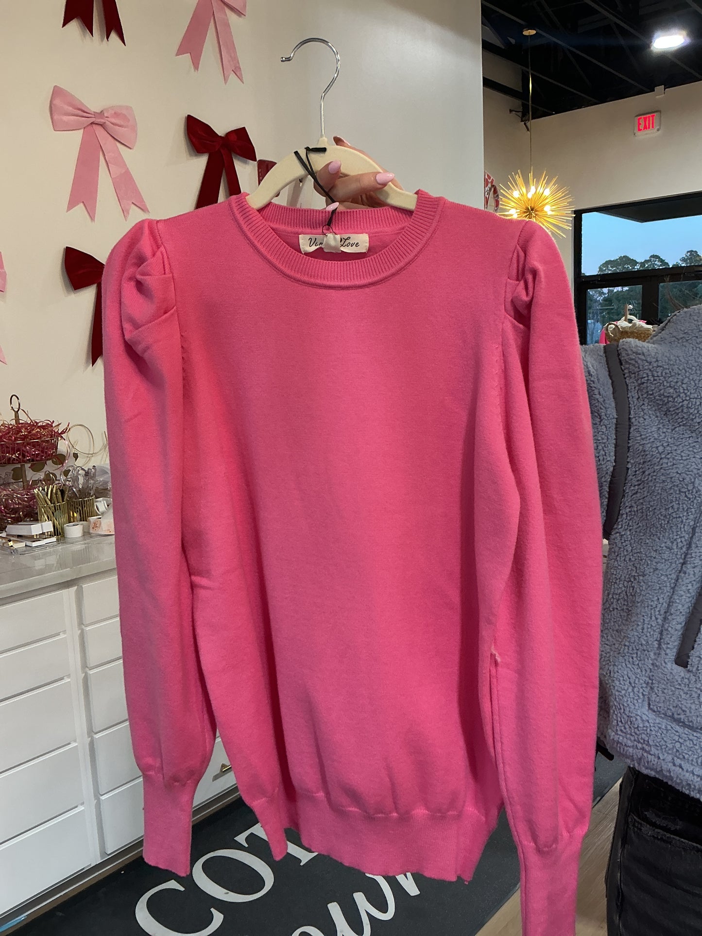 Crew Neck Puff Long-Sleeve Knitted Sweater