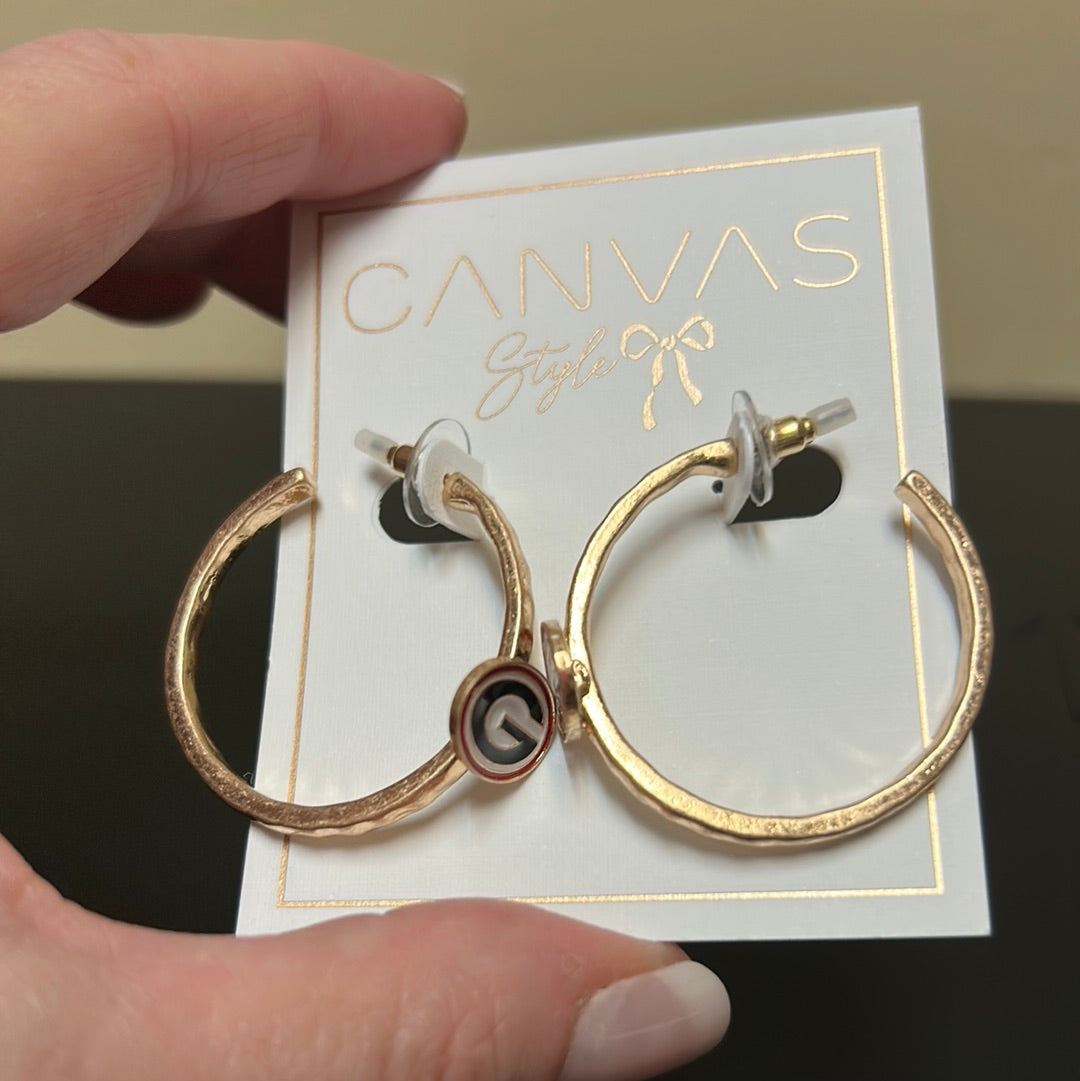 Gold College Enamel Hoop Earrings with University of Georgia "G" logo.