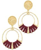 Gold Circle Earrings with burgundy.