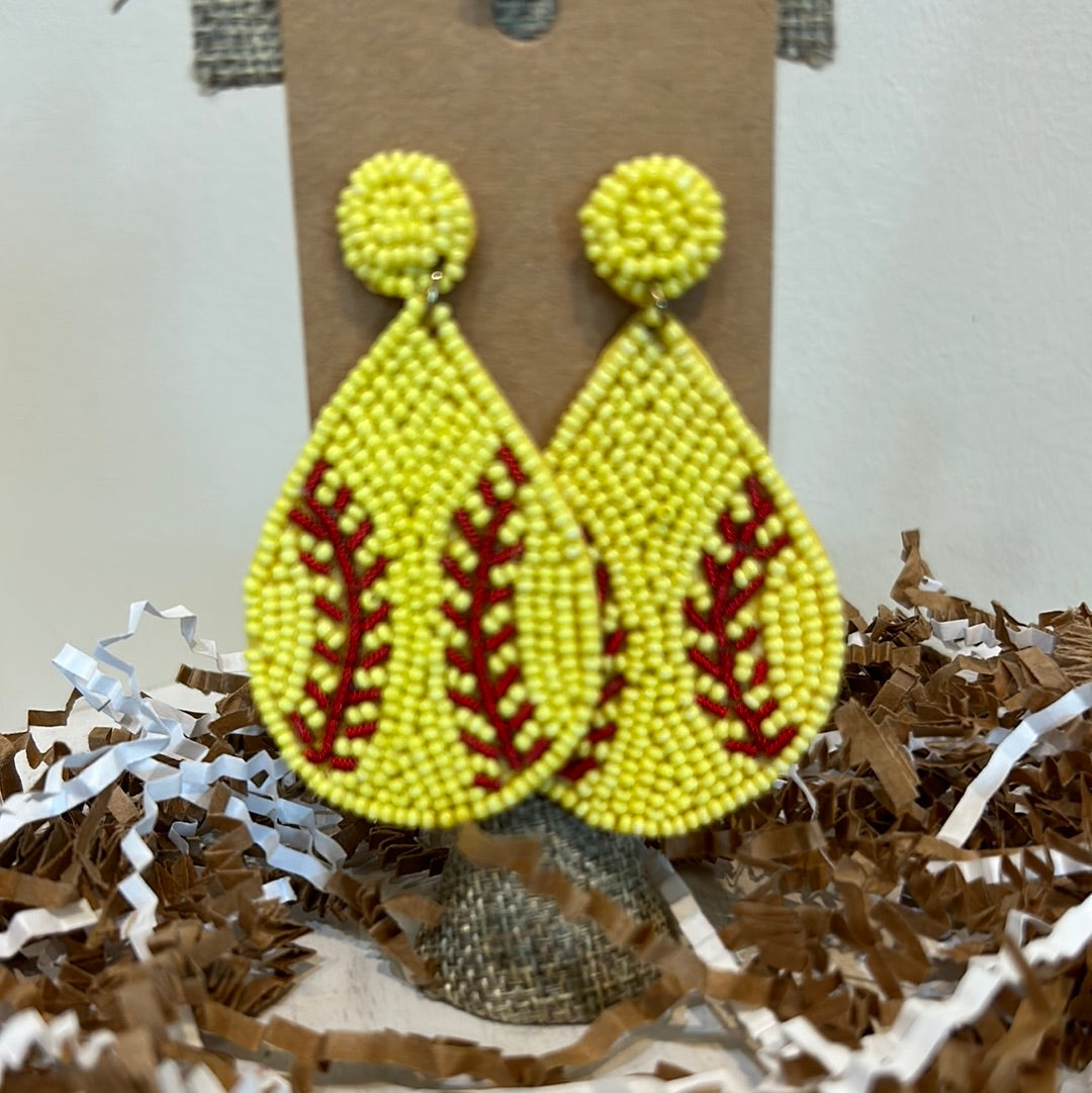 Yellow beaded stud with teardrop shaped softball dangle.