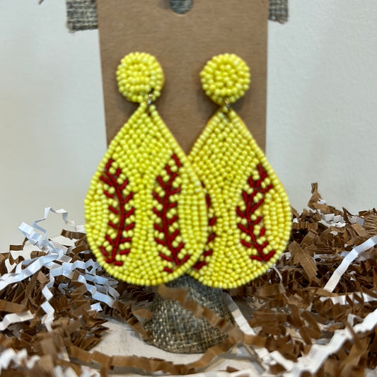 Yellow beaded stud with teardrop shaped softball dangle.