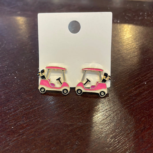 Pink Golf Cart Enamel Stud Earrings