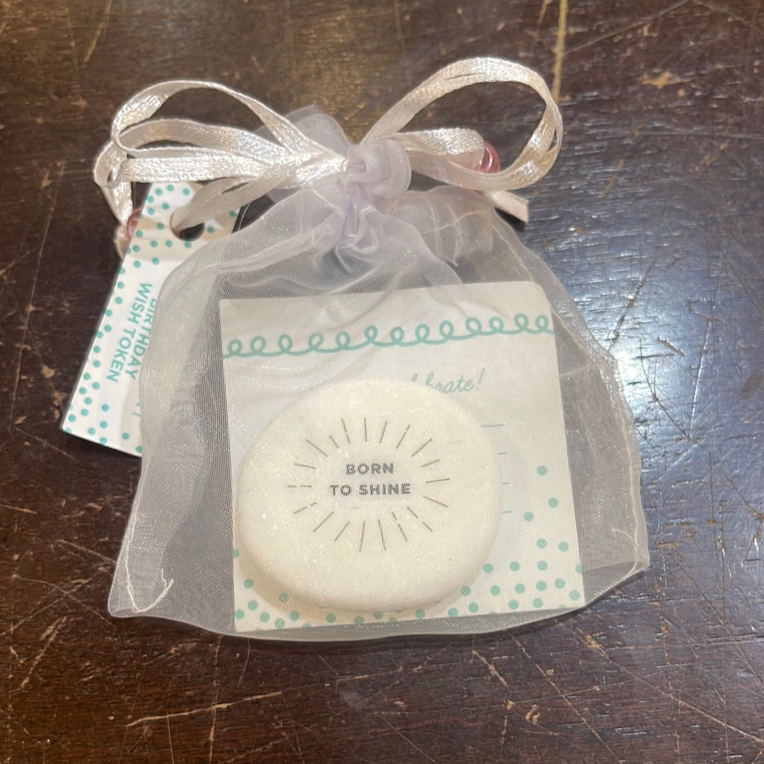 "Born to shine" birthday wish token in small drawstring giftbag.