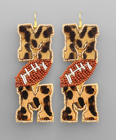 Dangle earrings featuring "MOM" in leopard print and "o" as a beaded football.