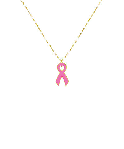 Pink ribbon pendant with a heart in the center on a gold colored chain.