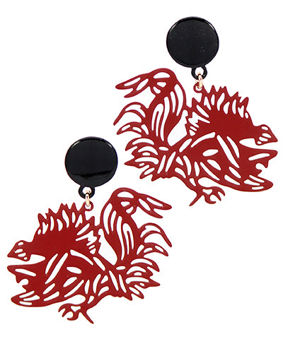 Garnet with black stud Gamecock Metal Cutout Earrings.