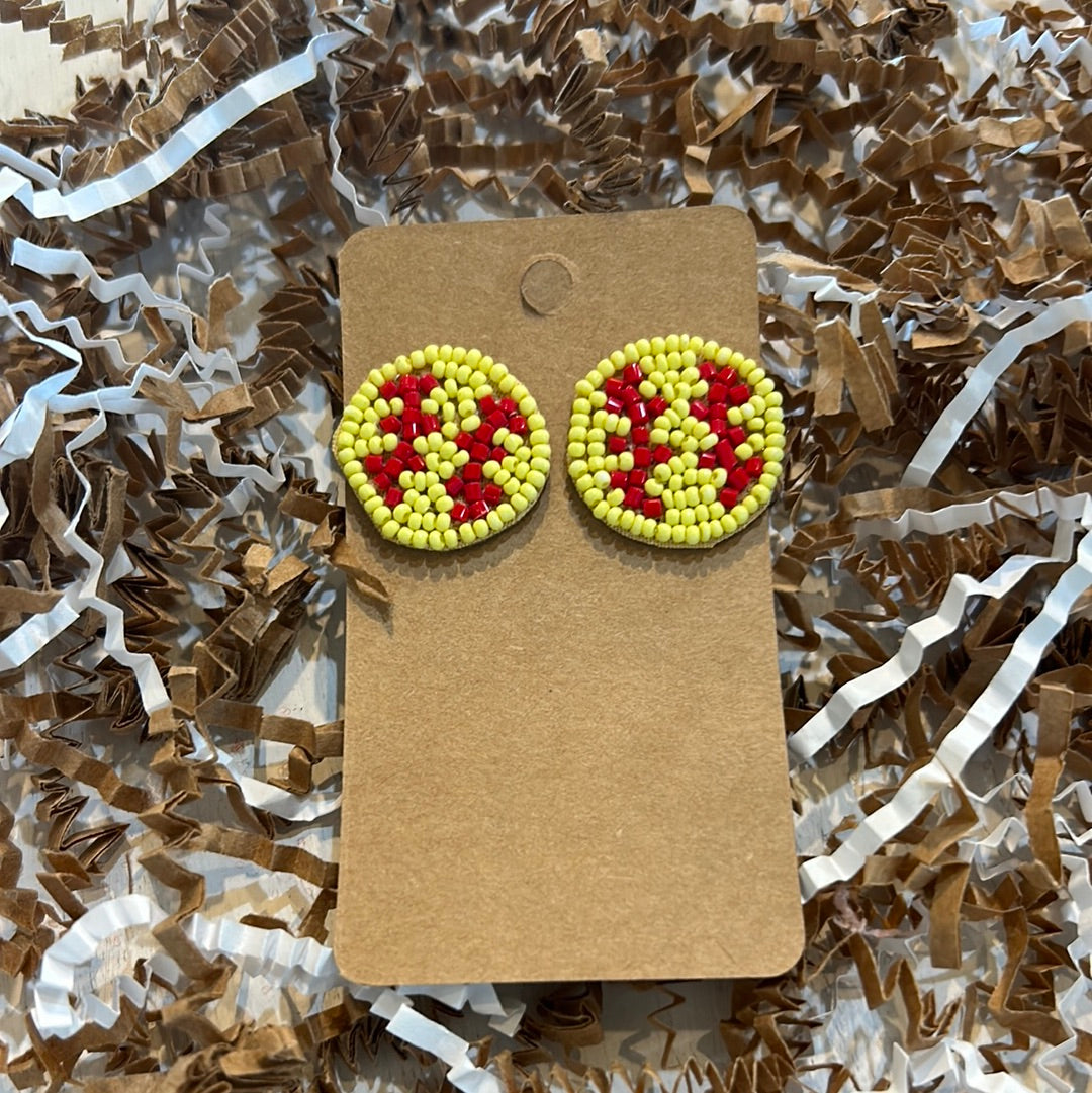 Yellow and red beaded softball stud earrings.