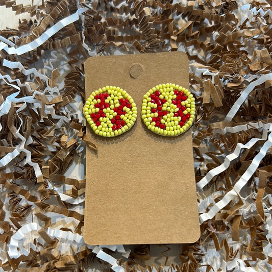 Yellow and red beaded softball stud earrings.