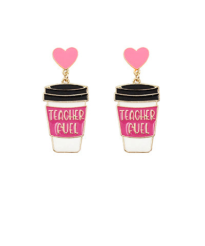 Pink and gold "Teacher Fuel" coffee earrings.