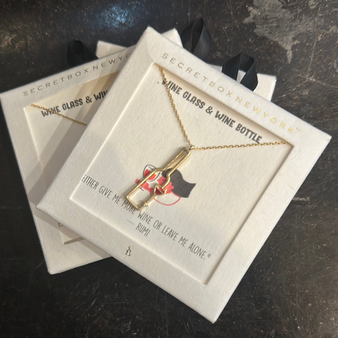 Golden Wine Glass and Wine Bottle Necklace.