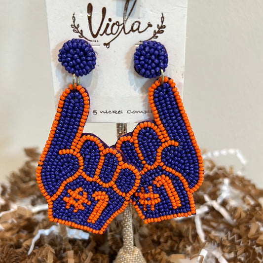 Purple and orange #1 "foam finger" beaded earrings.