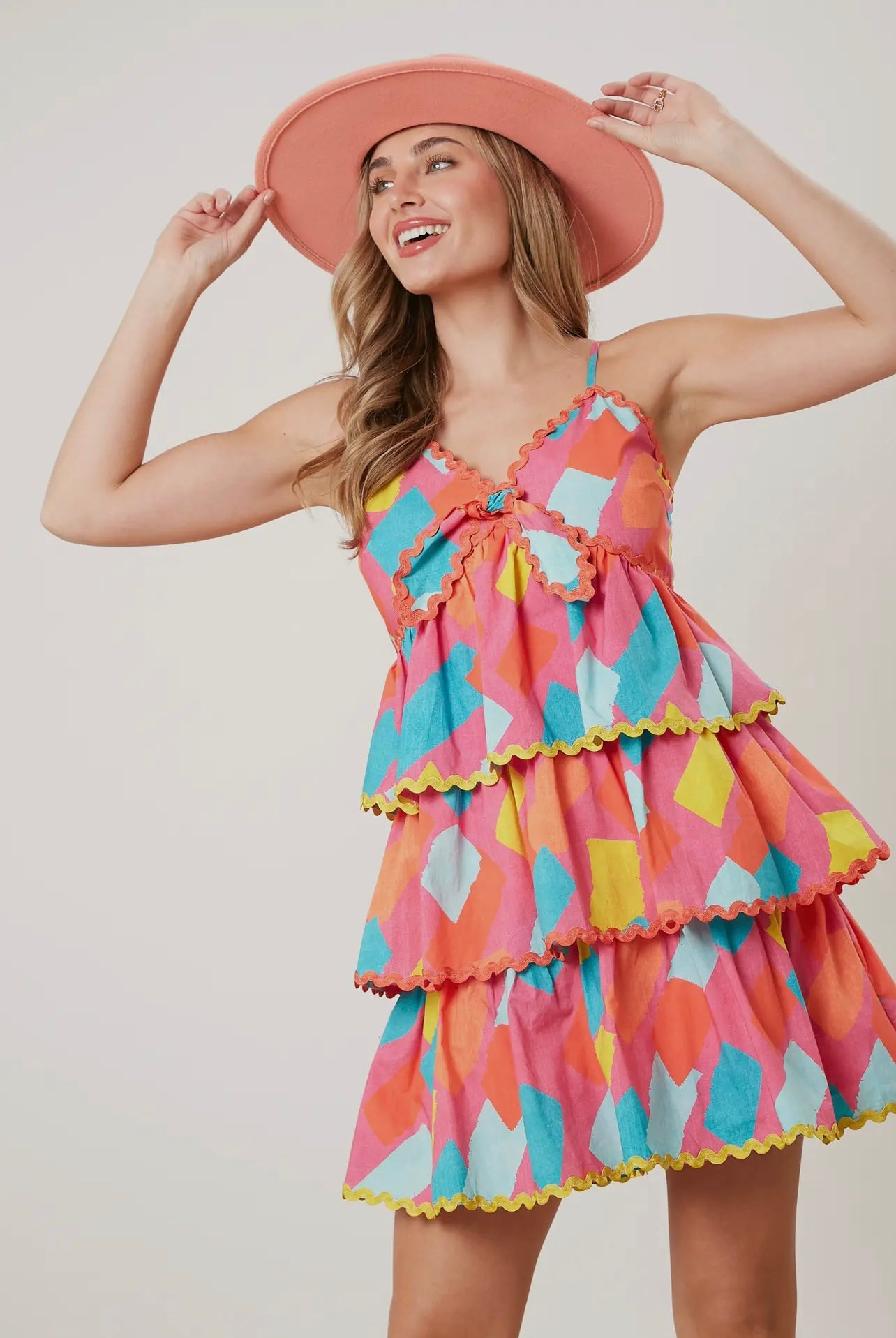 Geometric Print Poplin Tiered RicRac Trim Dress