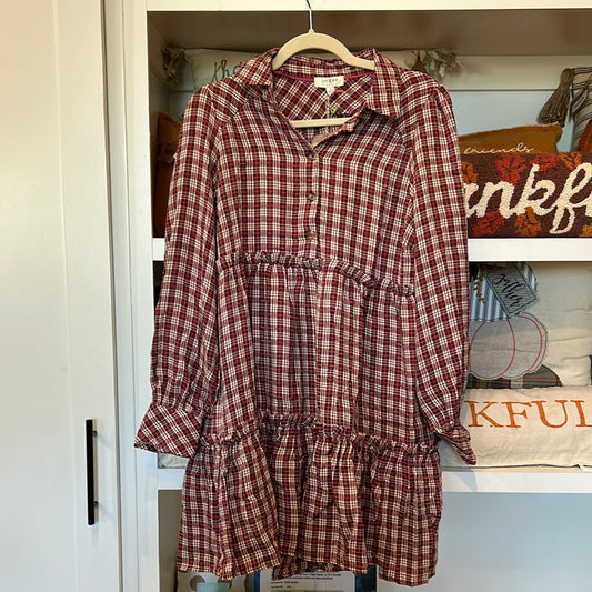 Merlot colored flannel plaid tiered dress with long sleeves.